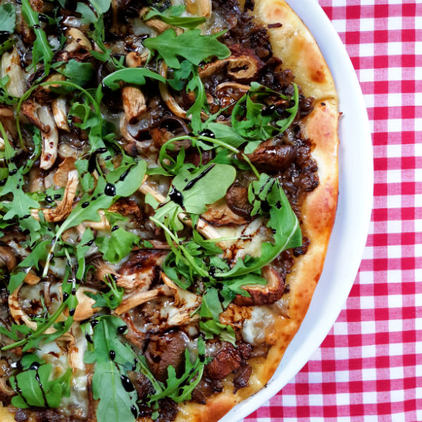 Mushroom Duxelles Pizza with Arugula and Balsamic Reduction