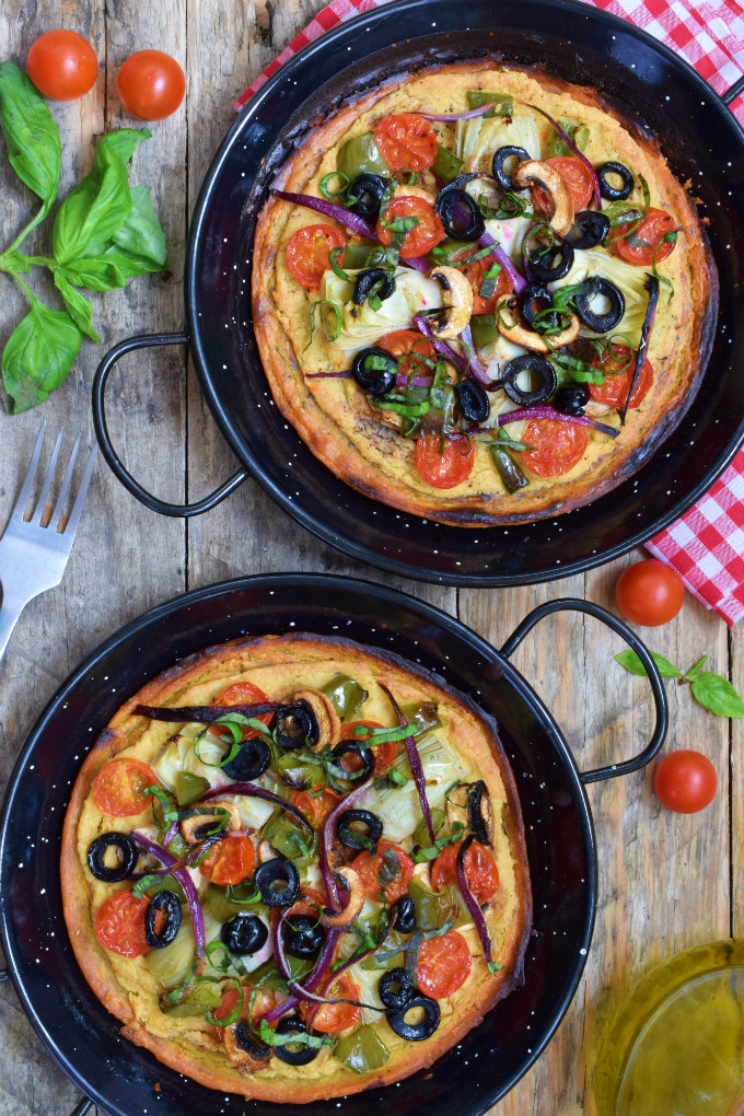 Chickpea flour pizza with hummus is quick and easy! Made without animal products, it's vegetarian- and vegan-friendly. Also naturally gluten-free.